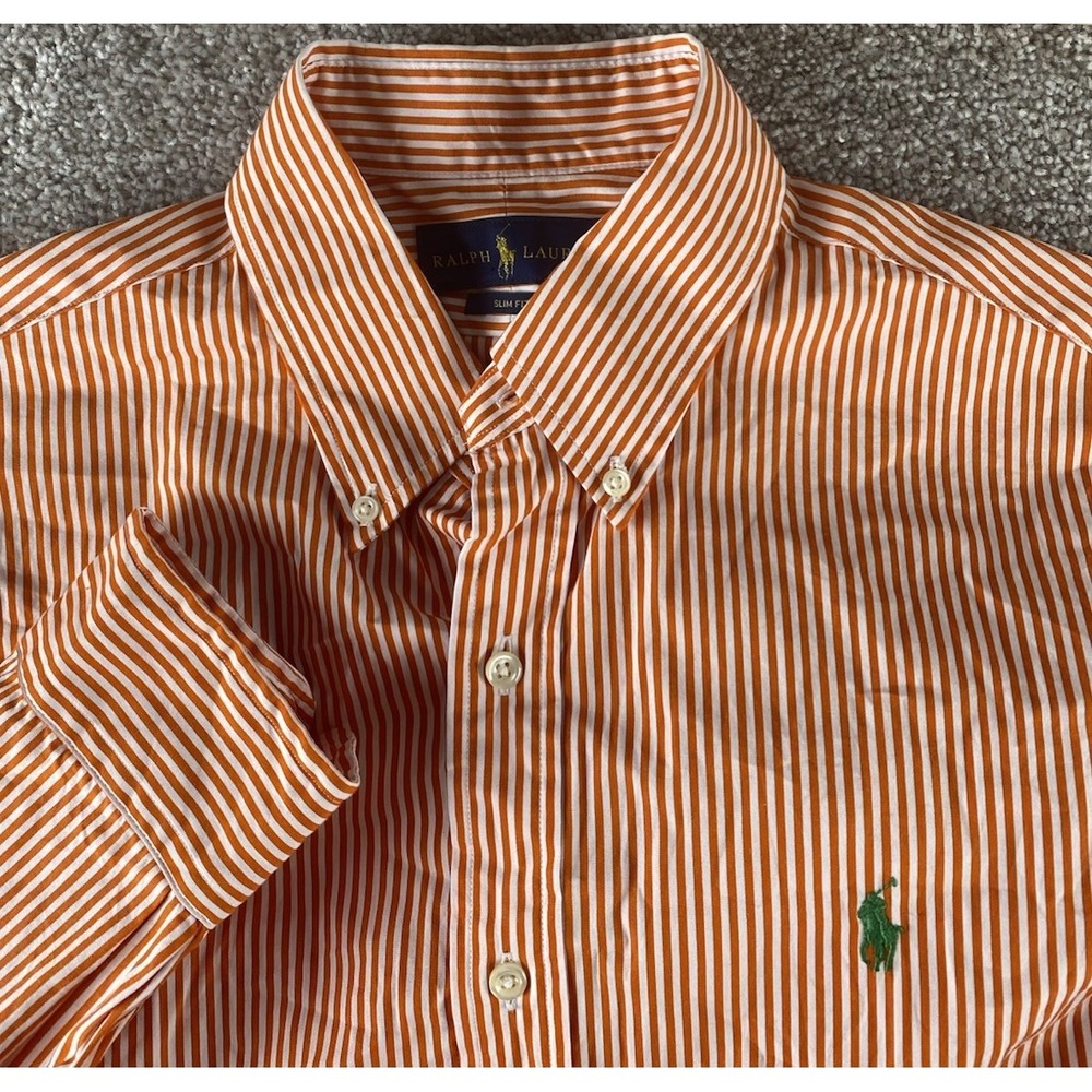 Polo Ralph Lauren Orange/White Button Down Shirt Slim Mens M Green Pony Cotton